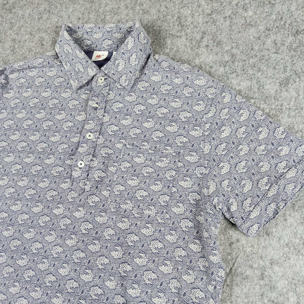 Uniqlo Michael Bastian Polo Shirt Men XL Blue Fish Wave Print Short Sleeve Pique